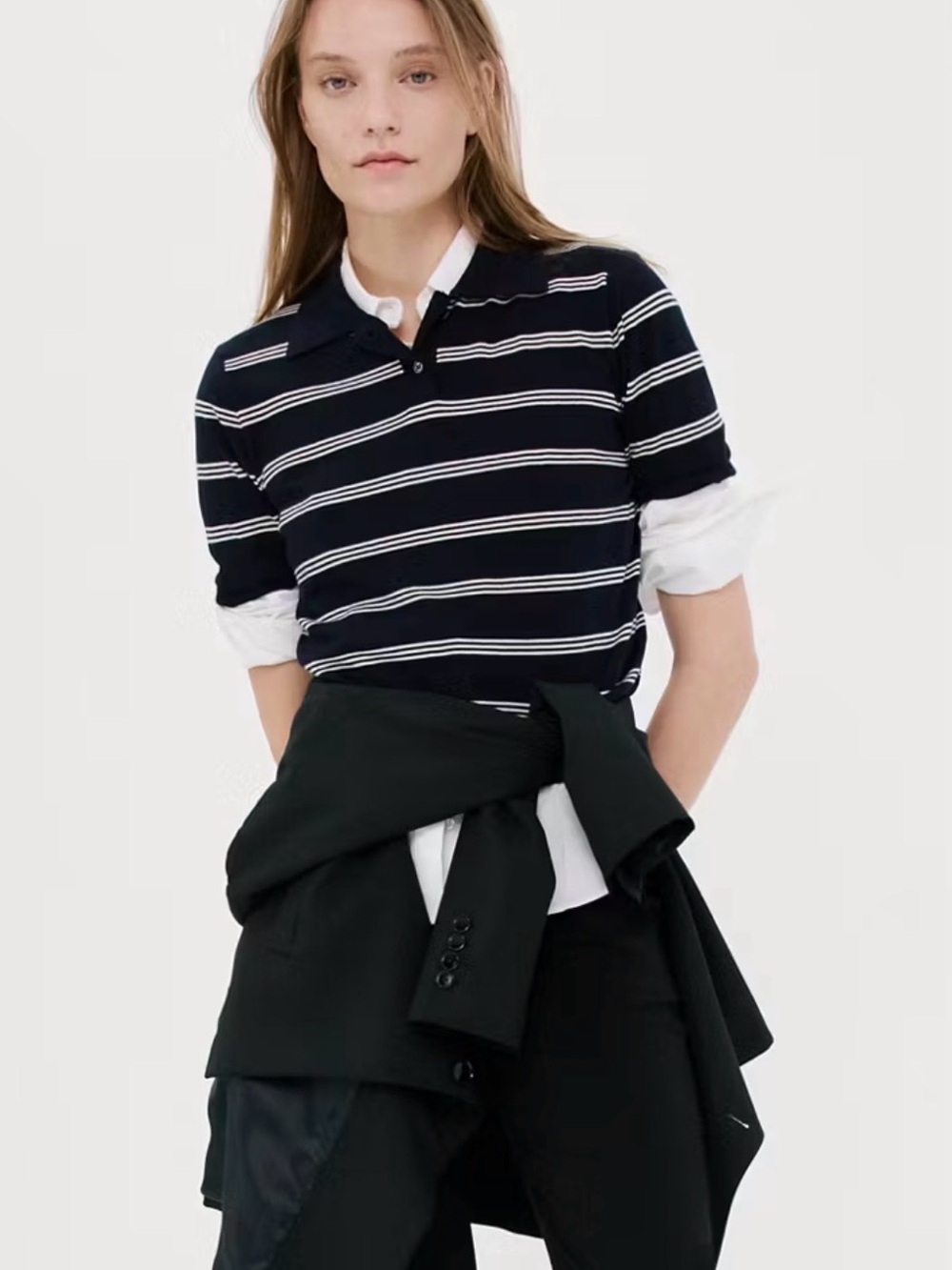 Mango Navy Short Sleeve Polo with Cream Stripes
